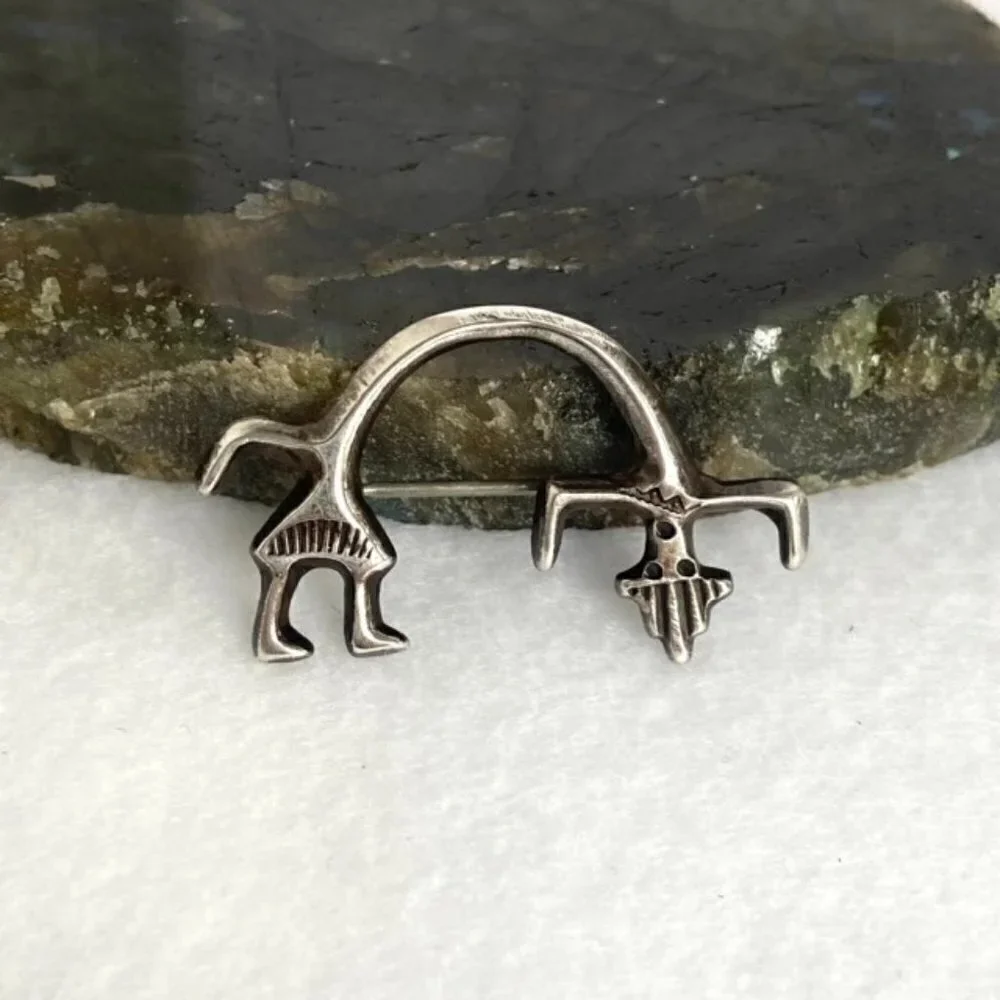 Vintage Sterling Silver 925 Southwest Yei Kachina Figural Stampwork Brooch Deity